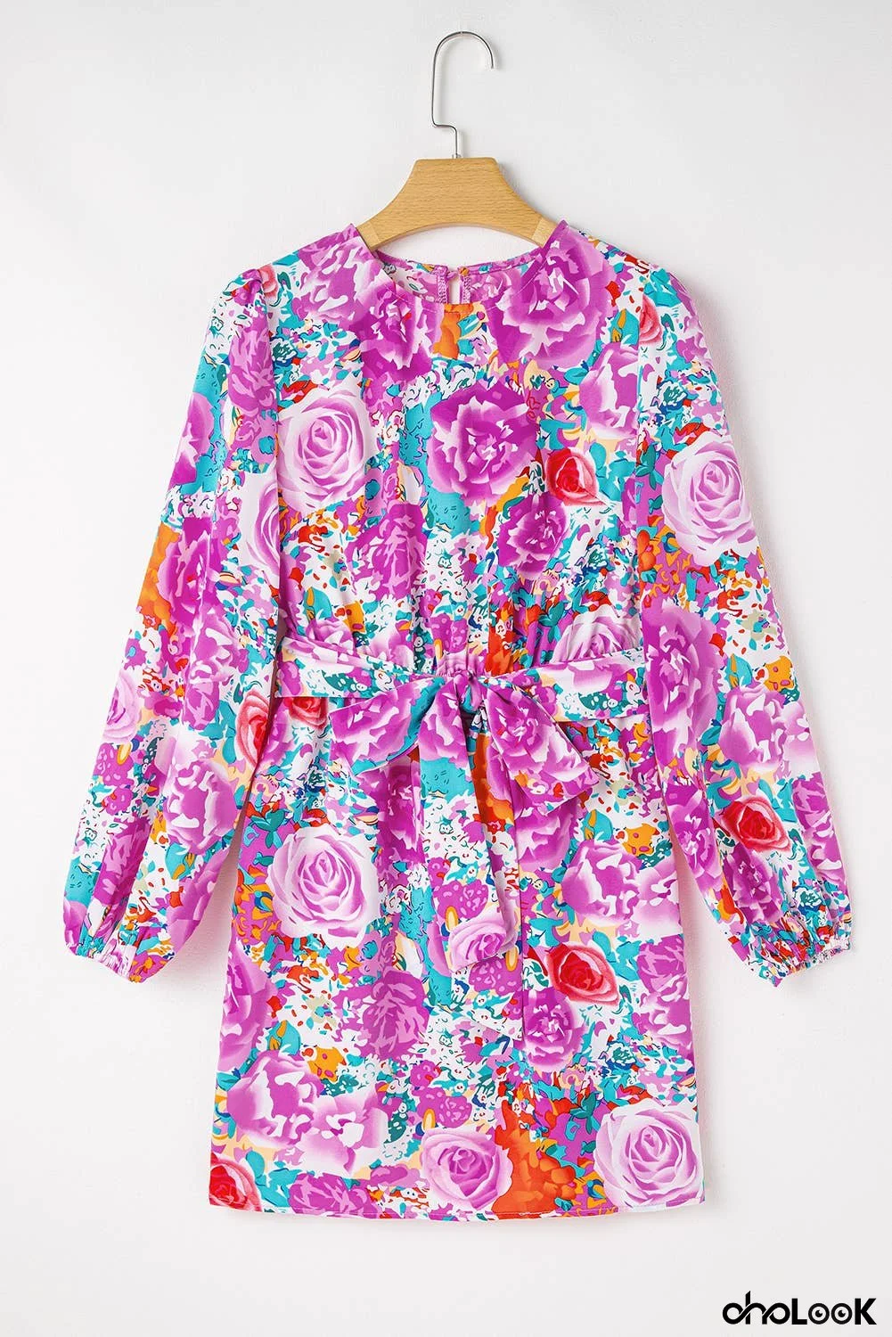 Floral Keyhole Back  Belted Dress