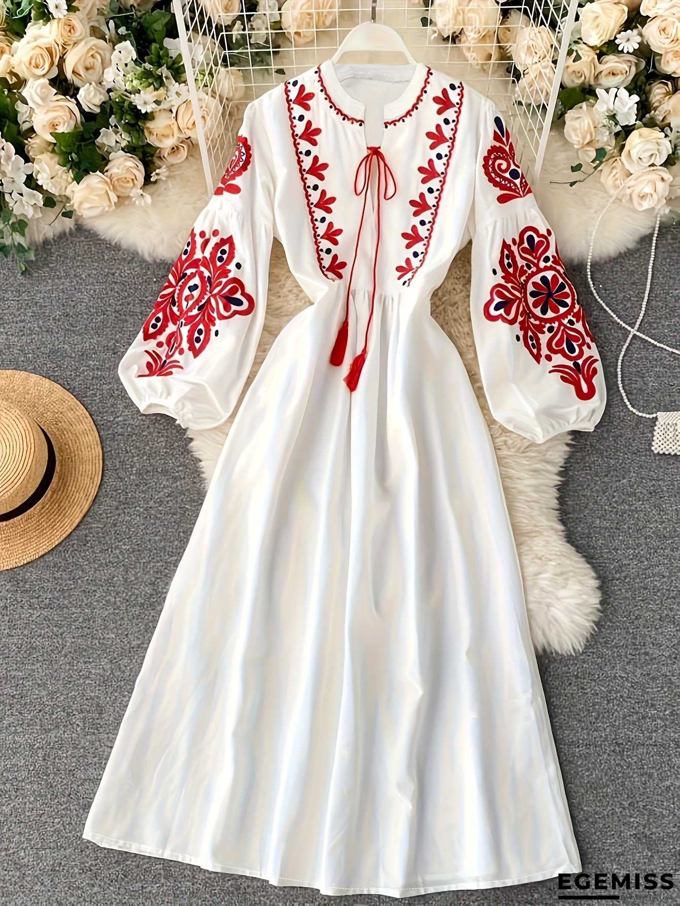 Elegant Navy Blue Floral Print Maxi Dress For Women - V-Neck, Long Sleeve, Flowy A-Line Skirt With Red Detail, Perfect For Spring/Summer/Fall, Floral Print Dress | EGEMISS