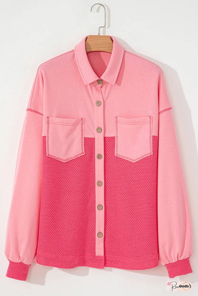 Two Tone Contrast Waffle Knit Buttoned Loose Shacket