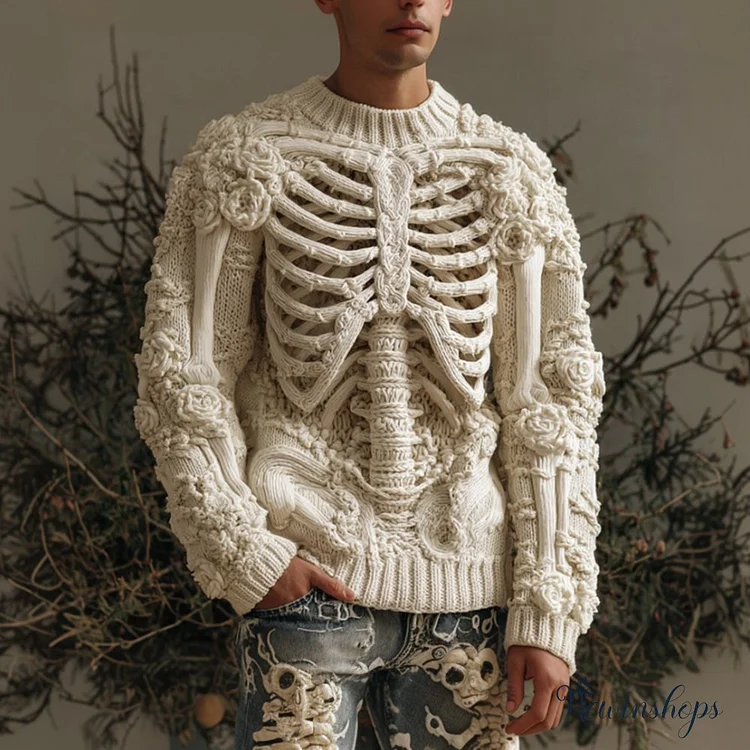 Men's Halloween Vintage Anatomy Art Beige Round Neck Sweater