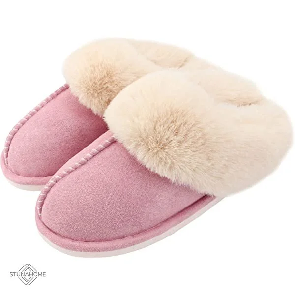 Ladies Slippers Fluffy Lined Warm Slippers Women Non Slip Cosy House Shoes amazon Stunahome.com