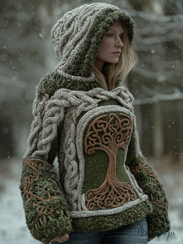 Women Viking Style Kai Tree Of Life Totem Coarse Needle Hooded Thick Sweater
