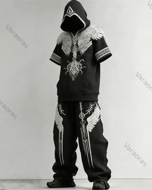Men's Nordic Viking style cross-adorned short-sleeved shirt and trousers two-piece set 1504