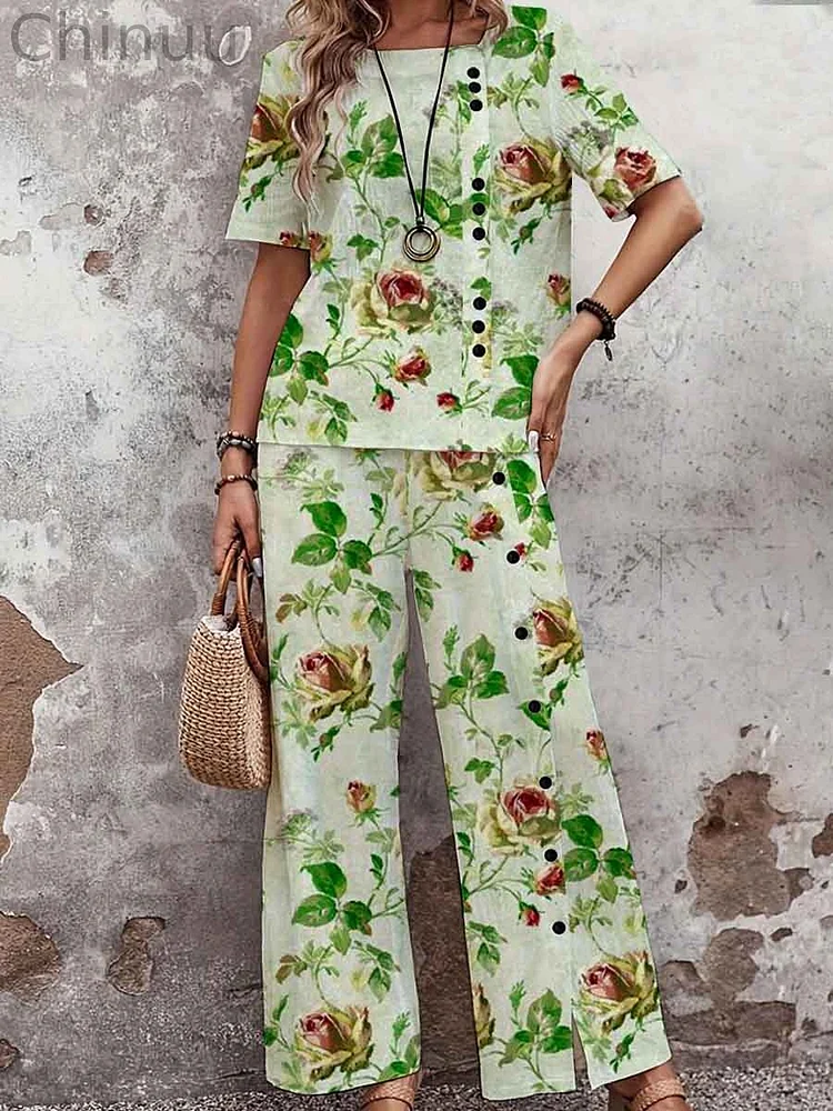 Women's Elegant Rose Floral Print Top Set