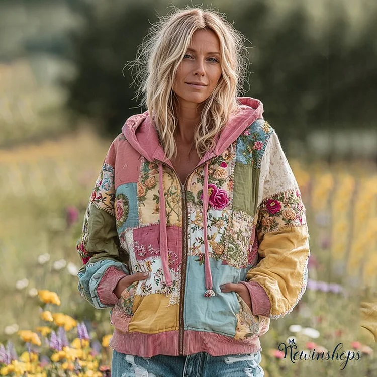 Women's Vintage Floral Patchwork Cozy Warm Zipper Hoodie