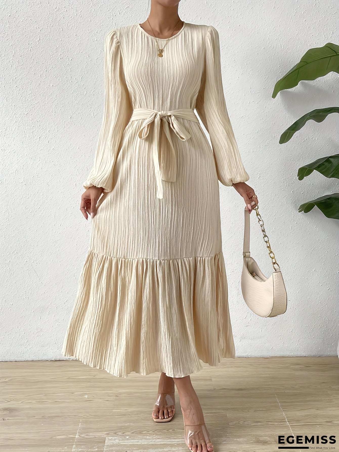 Women's Elegant Beige Pleated Midi Dress With Ruched Detail And Belted Waist - Long Sleeve, Round Neck, Flowy A-Line Skirt For Spring/Summer/Fall, Versatile Fashion | Belted Waist Dress | Ruched Texture | EGEMISS