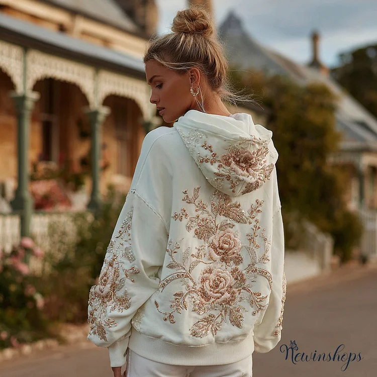 Women's Retro Sparkling Rose Art Print Casual Hoodie