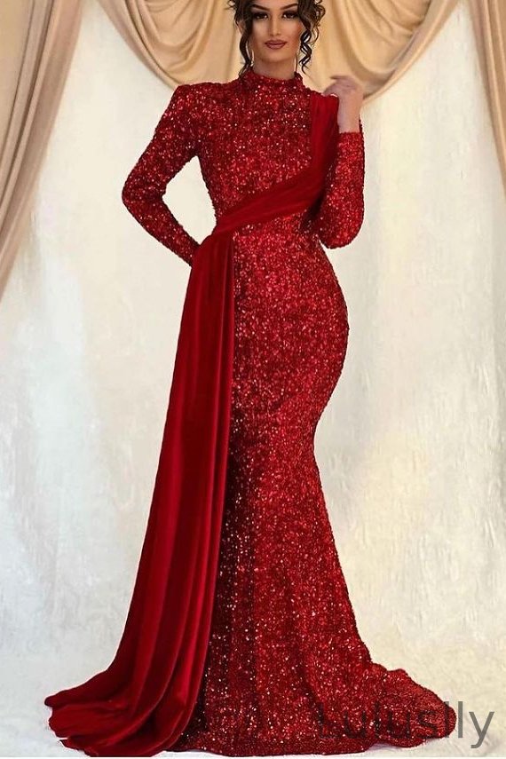 Luluslly Long Sleeves High Neck Mermaid Prom Dress Sequins With Ruffle