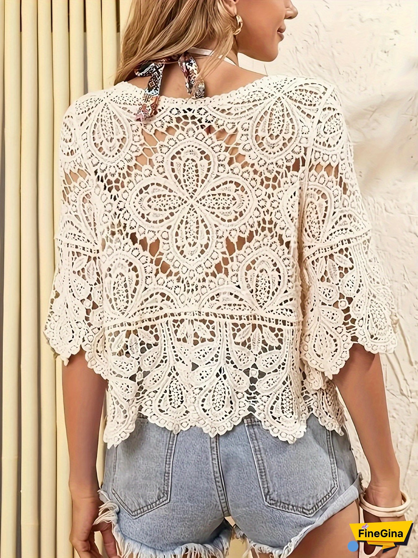 Women‘s Bohemian Style Lace Crochet Cover-Up - Half Sleeve, Round Neck, Hollow-Out Floral Design, Lightweight Rayon Fabric for Spring/Summer Vacations and Casual Outings, Crochet Shawl