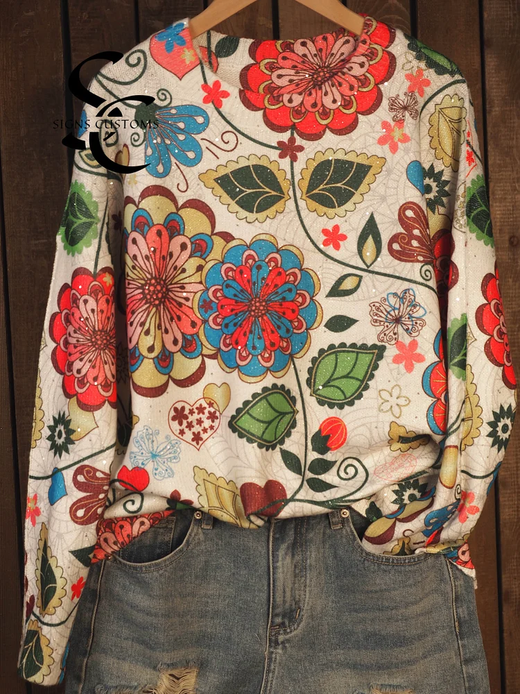 Artistic Floral Sequins Print Knit Pullover Sweater