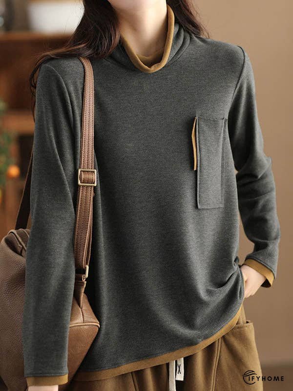 False Two Long Sleeves Contrast Color Pockets High Neck T-Shirts Tops | IFYHOME
