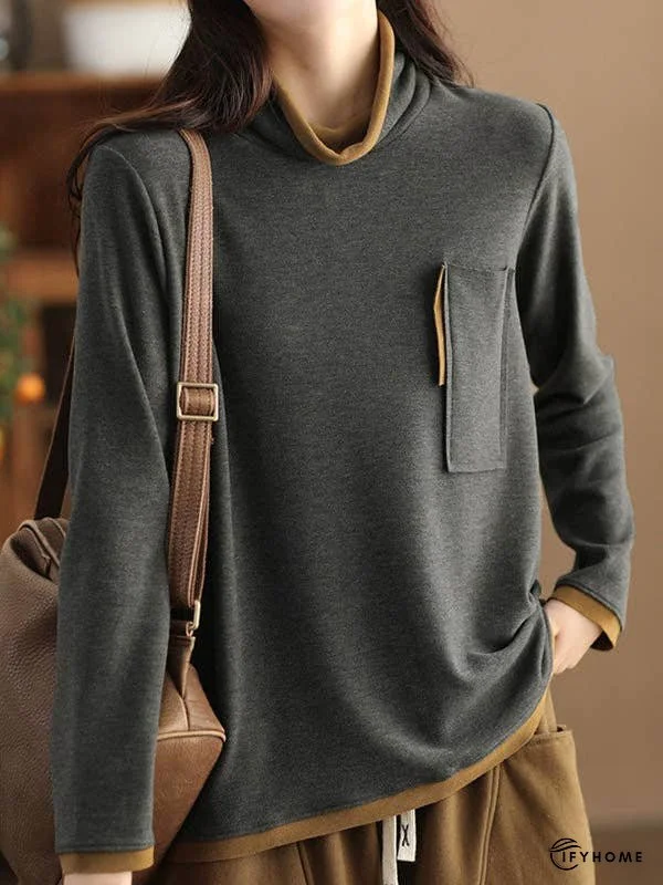 False Two Long Sleeves Contrast Color Pockets High Neck T-Shirts Tops | IFYHOME