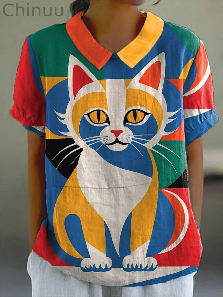 Geometric Cat Art Printed Women's Casual Cotton And Linen Shirt