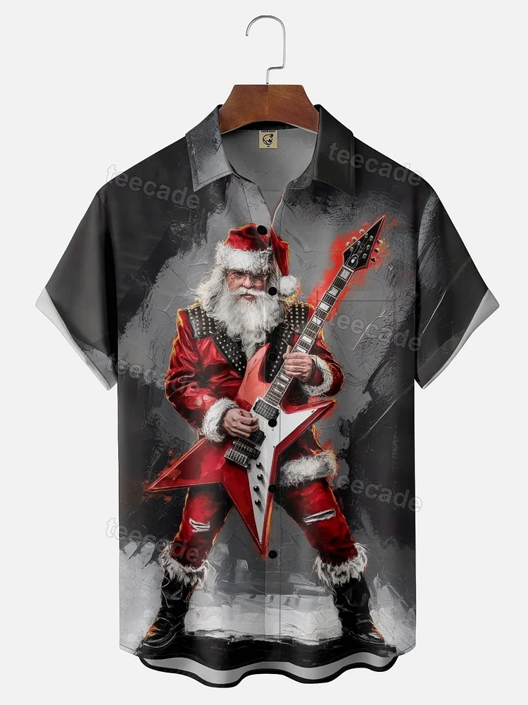Teecade Teecade Christmas Santa Claus Rock Music Guitar Art Print Shirt