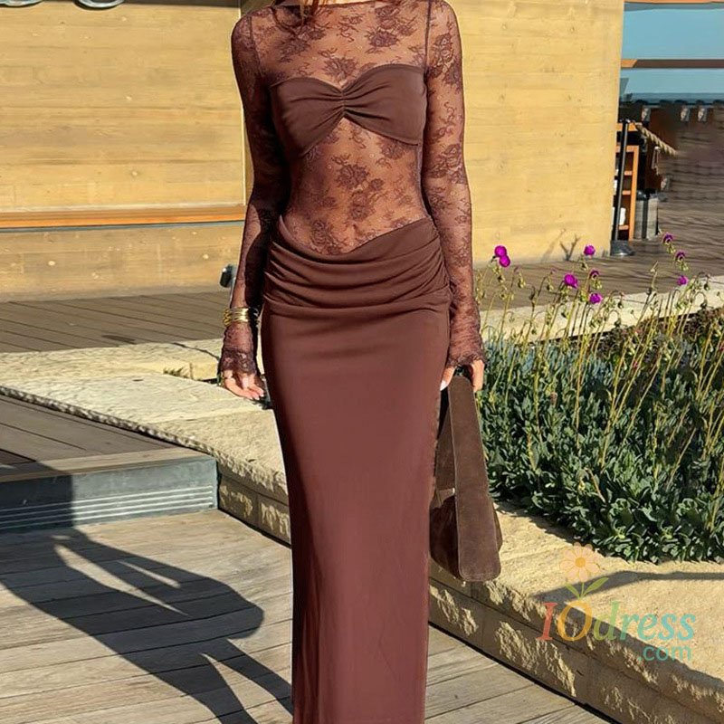 IO Dress Autumn New Women's Luxury Evening Dress Sexy See-through Long Sleeve Lace Spliced Dress Vintage Floral Print Slim Banquet Dress