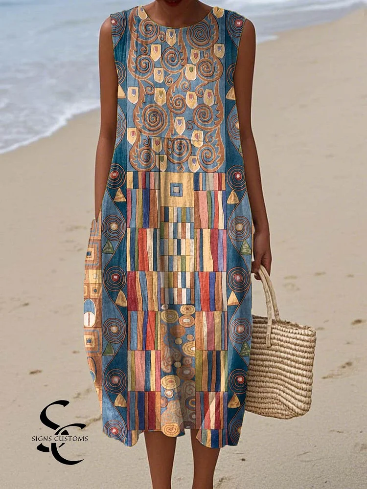 Women's Abstract Geometric Pattern Art Print Sleeveless Cotton Pocket Wrap Dress