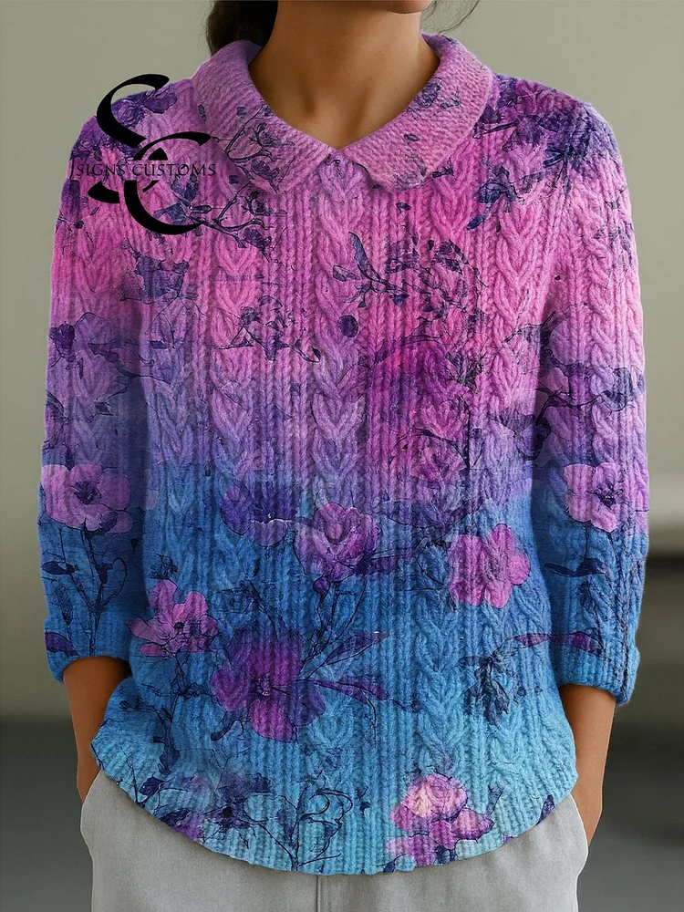 Women's Beautiful Gradient Floral Painting Art Print Casual Peter Pan Collar 3/4 Sleeve Sweater