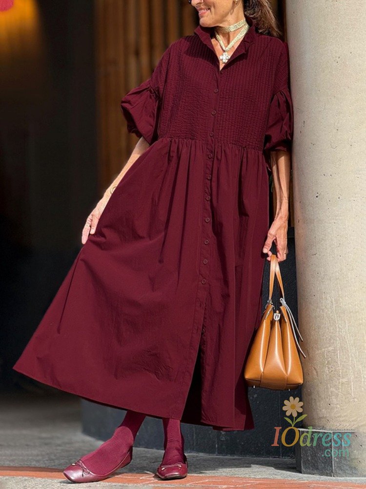 IO Dress Gymstars Elegant Cotton Women Black Dress 2025 Fashion Loose Stand Collar Lantern Sleeve Buttoned Pleated Vestidos Robe Female IO Dress