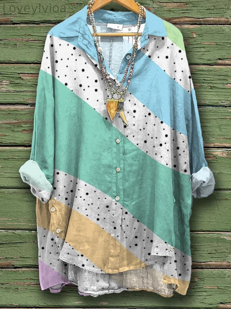 Women's Simple Color Splicing Print Casual Cotton And Linen Shirt
