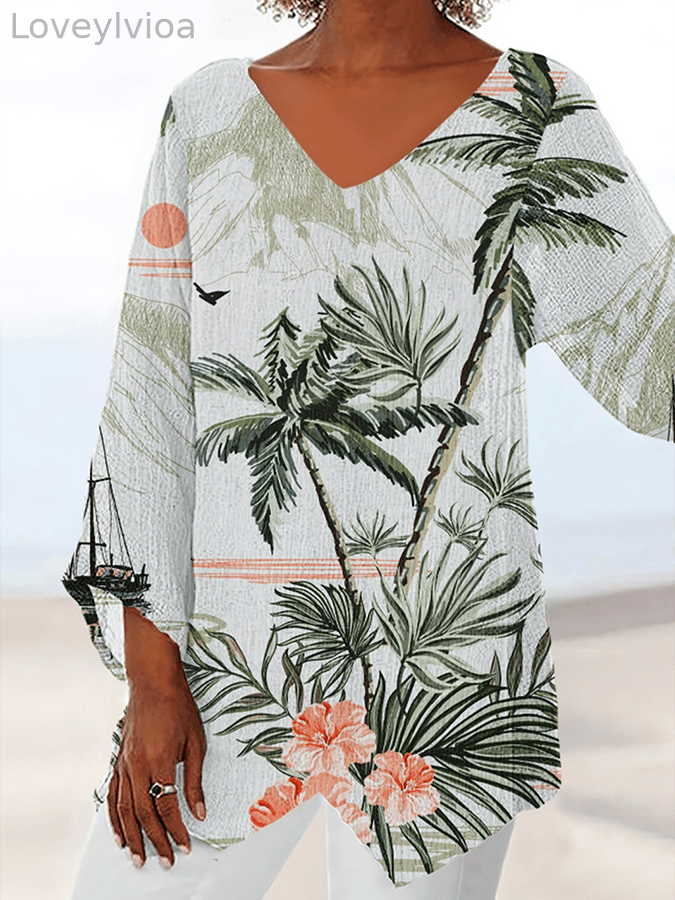 Women's V-Neck Long-Sleeved Tropical Plant Casual Top