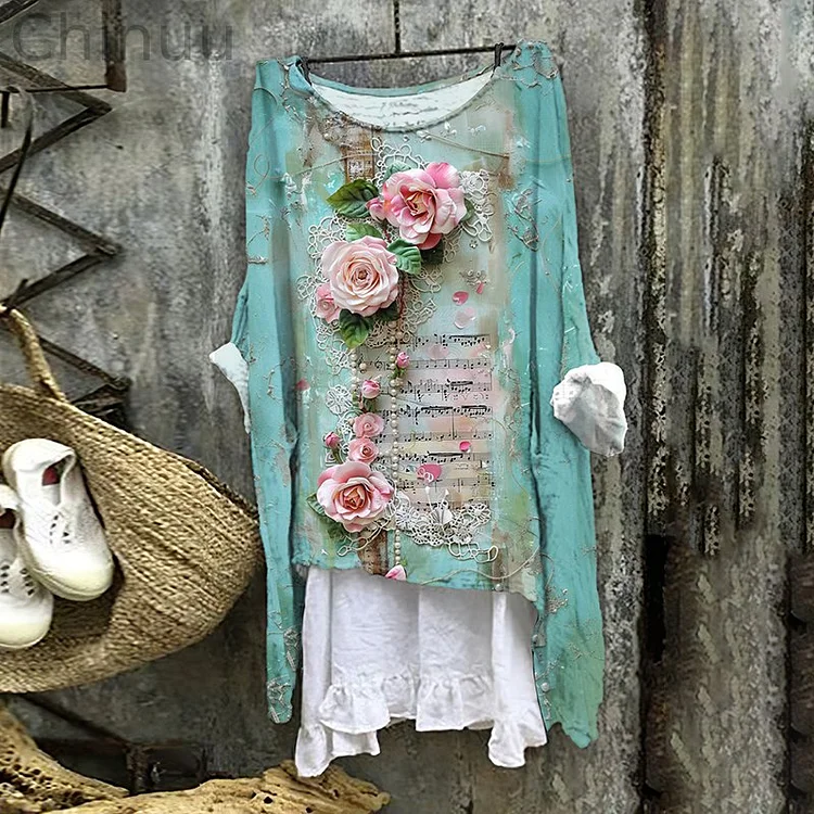 Women's Floral Sheet Music Embroidery Art Linen Blend Vintage Shirt