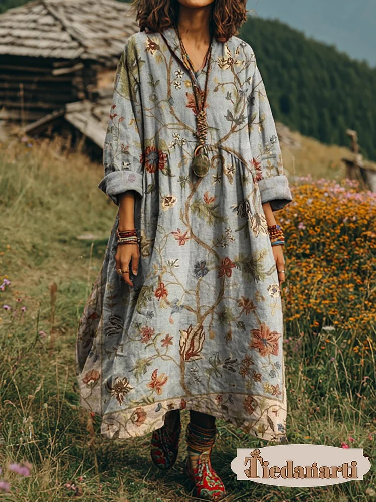 Women's Vintage Floral Art Print V-Neck Long Sleeve Cotton Pocket Dress