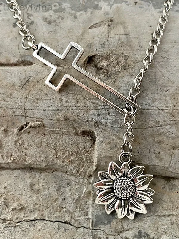 Vintage sunflower cross necklace
