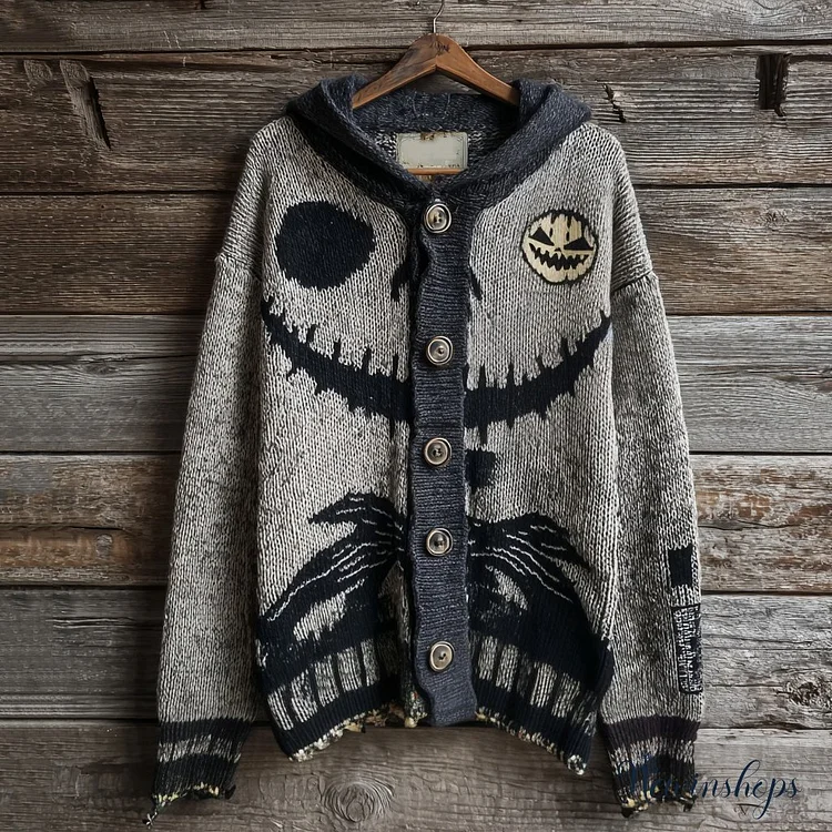 Halloween Spooky Face Contrast Stitching Cozy Knitted Hooded Sweater Cardigan