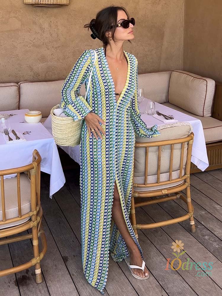 IO Dress 2024 Women Deep V Neck Casual Bohemian Maxi Dress Elegant Straight Flare Long Sleeve Vestidos  Sexy Beach Vacation Party Robe