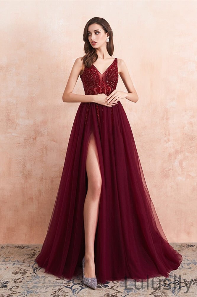 Luluslly Burgundy V-Neck Sleeeveless Prom Dress Split With Beads Tulle Long