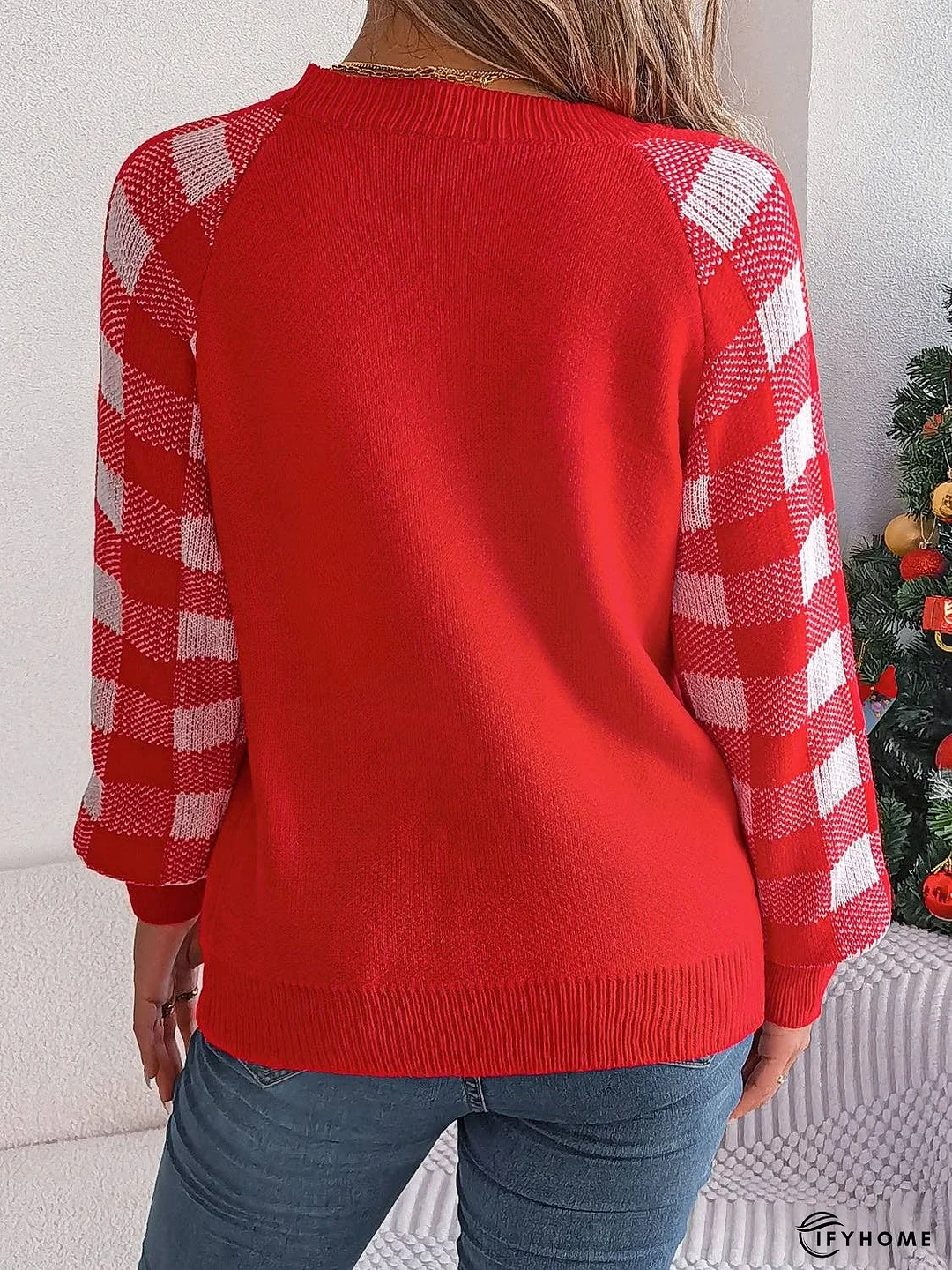 Reindeer Plaid Round Neck Long Sleeve Sweater | IFYHOME