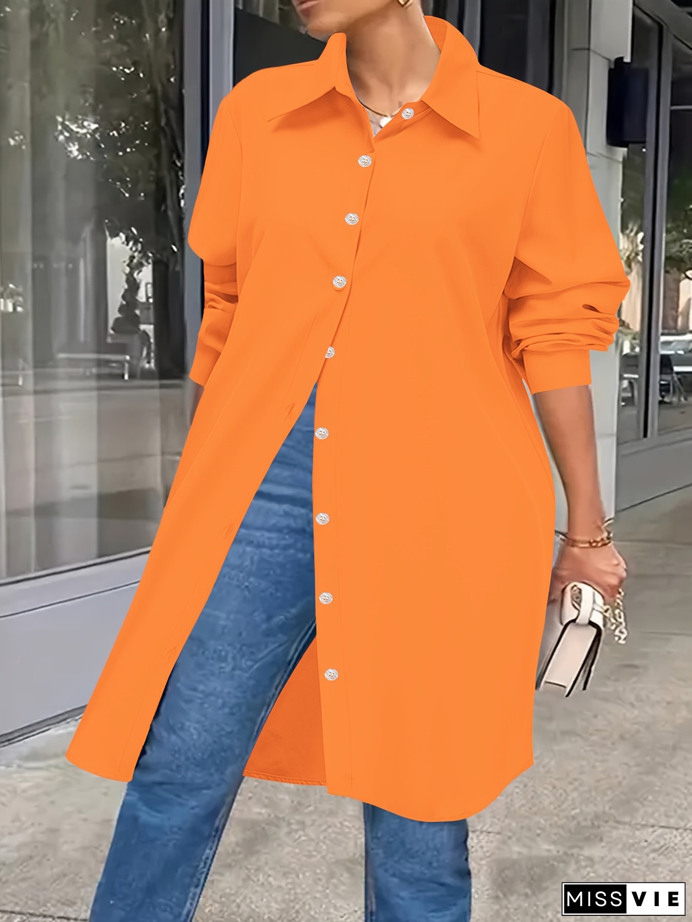 [Trendy Long Shirt] Elegant Women's Clothing, Solid Color Long Shirt, Trendy And Casual