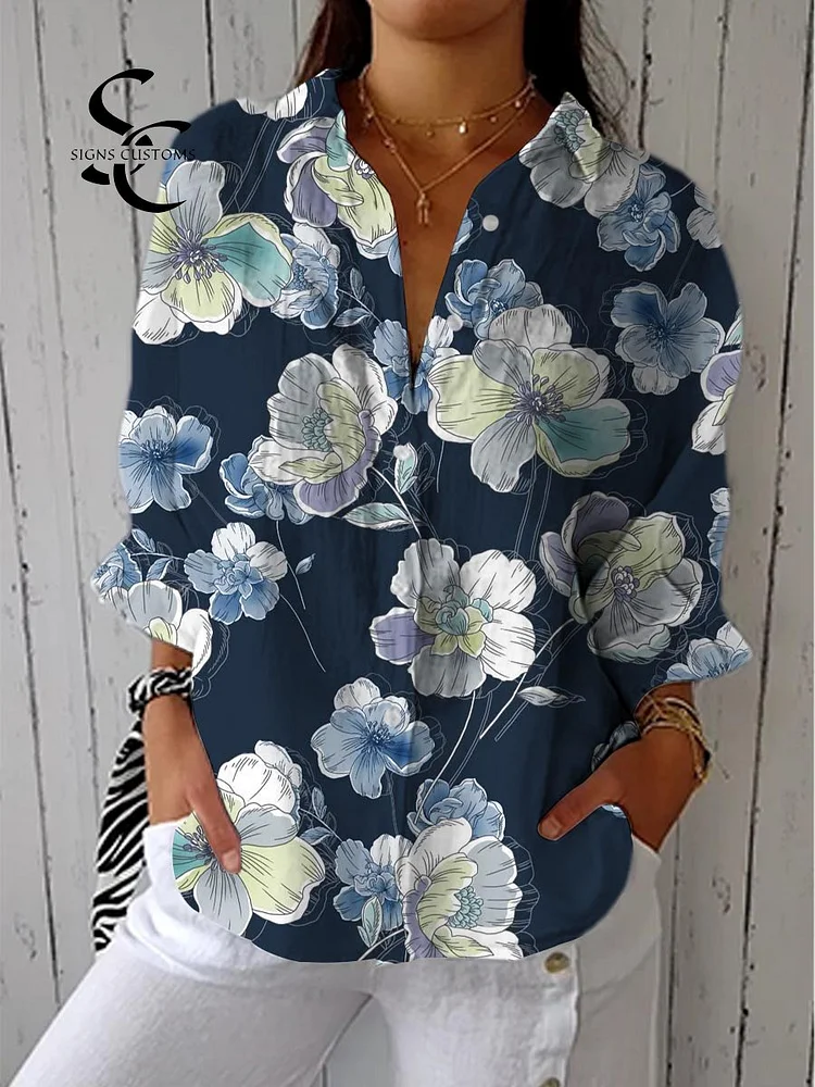 Women's Vintage Art Flower Print Casual Linen V-neck Shirt