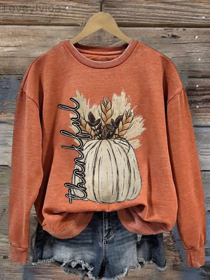 Women's Casual Thankful Print Long Sleeve Sweatshirt