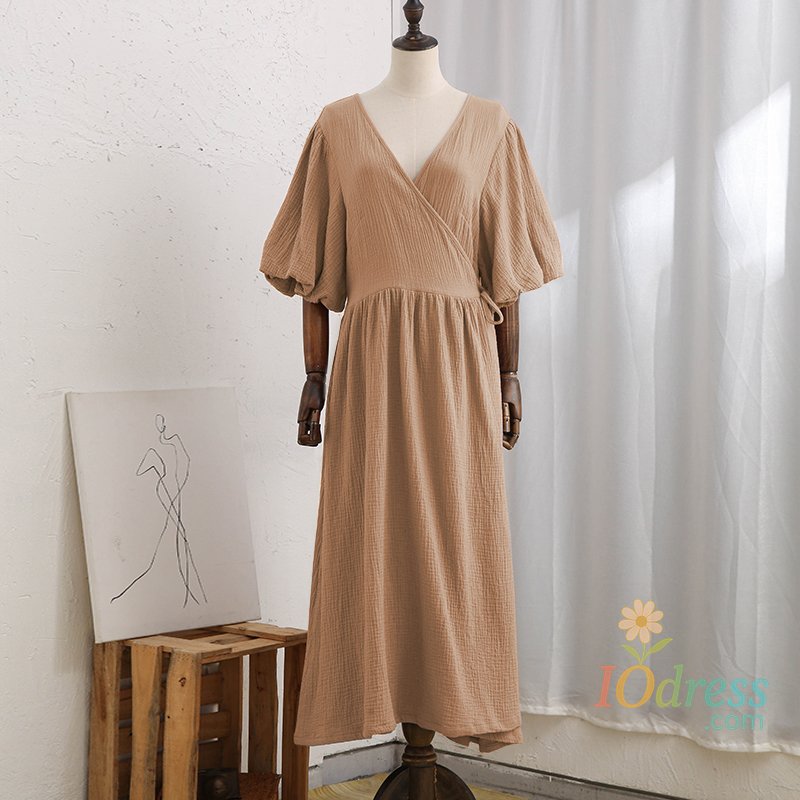 IO Dress Causal 100% Cotton Women's Dress Vintage Crepe Gauze V-Neck Puff Sleeve Bandage Lace Up Elegant White Dresses Long Maxi Robe IO Dress