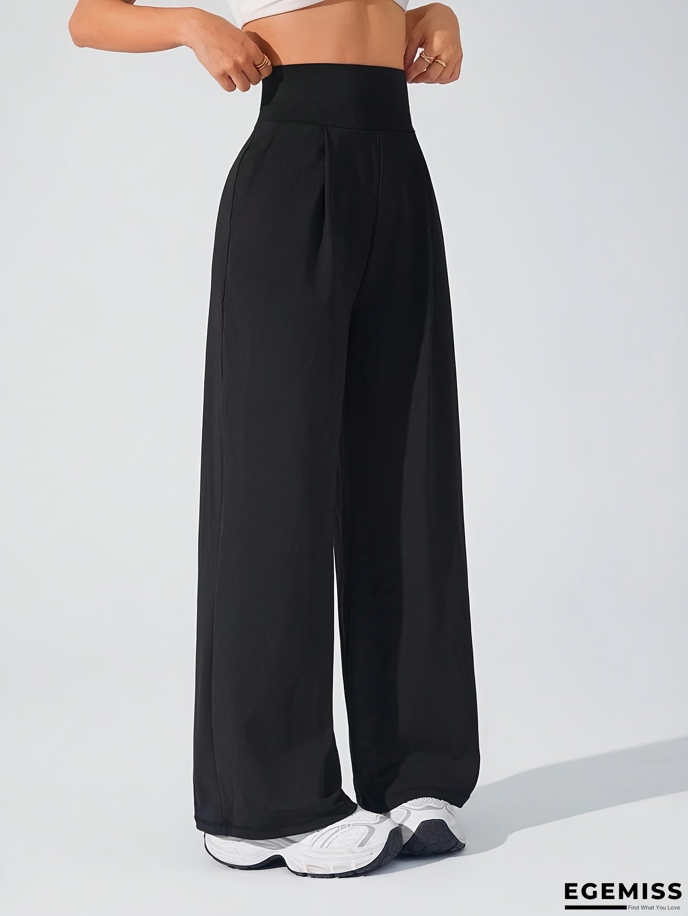 Women's High-Waisted Wide-Leg Joggers With Ruched Detail & Pockets - Solid Color Casual Pants, Elastic Waistband, All-Season Comfort, Machine Washable, Jogging Pants, Comfortable Clothing, Durable Fabric, Ladie Wide Leg Trouser, Women Trouser, Women Pant | EGEMISS