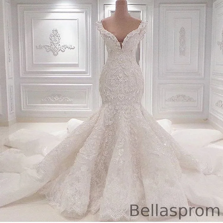Bellasprom Brilliant Ruffles Mermaid Wedding Dress Lace Appliques V-Neck Same as Picture-US2 Bellasprom Brilliant Ruffles Mermaid Wedding Dress Lace Appliques V-Neck Same as Picture-US2