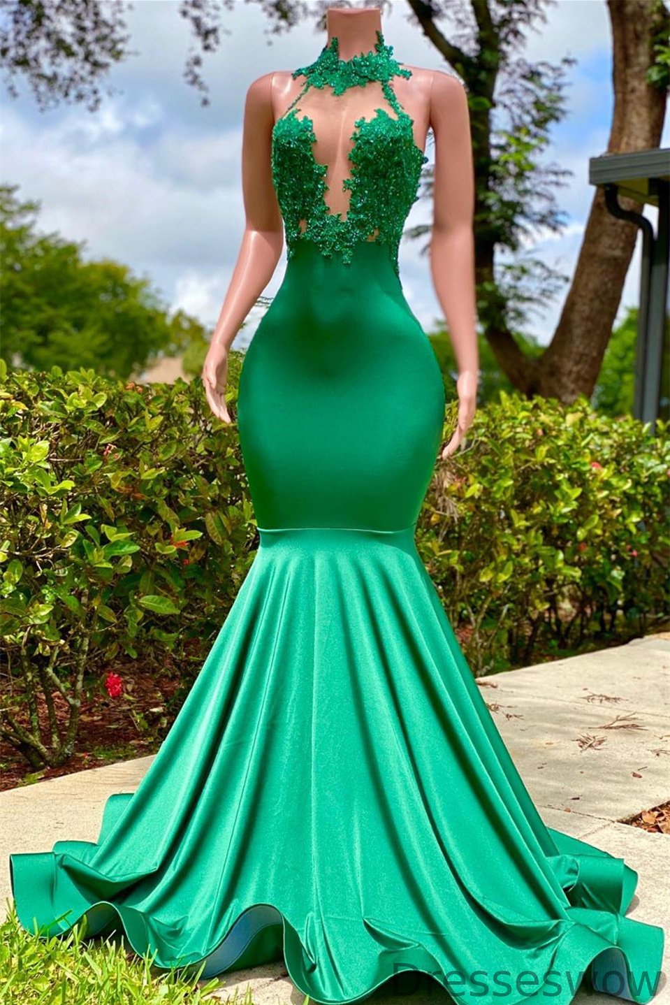 Dresseswow Emerald Green Mermaid Prom Dress High Neck Sleeveless Backless
