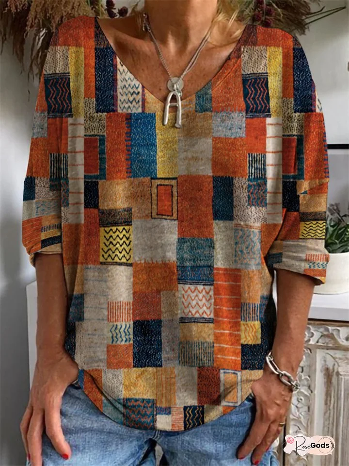 New Women's Casual V-neck Long Sleeve Loose Pullover Digital Printed Loose Type Drop Shoulder Sleeve Women's T-Shirt