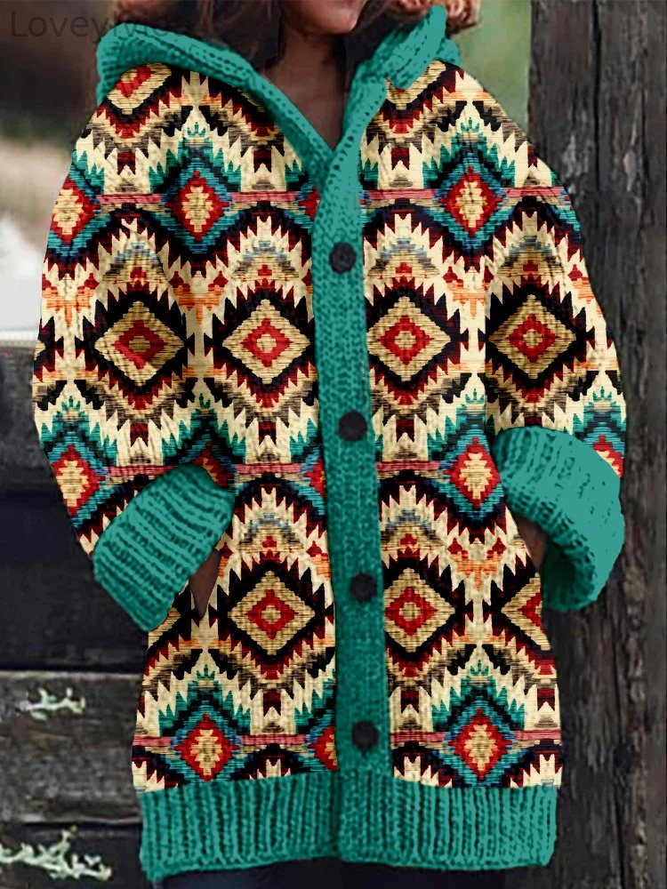 Vintage Western Aztec Pattern Cozy Hooded Cardigan