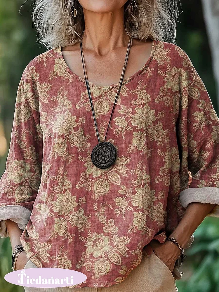 Women's Vintage Lovely Floral Art Print Casual Cotton And Linen Shirt