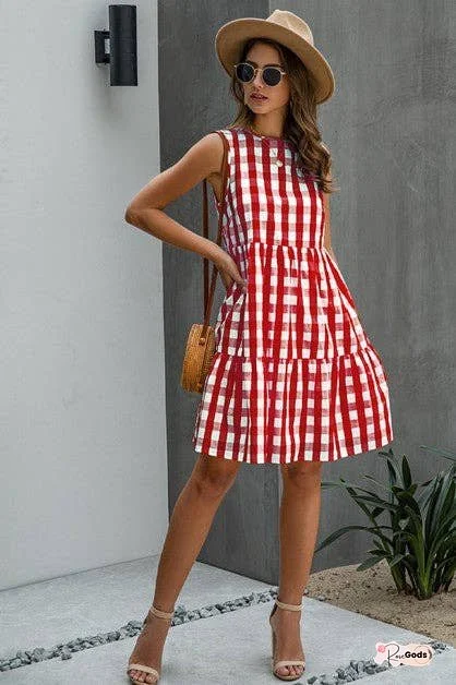 Plaid Sleeveless Robe Vests A Line Dress