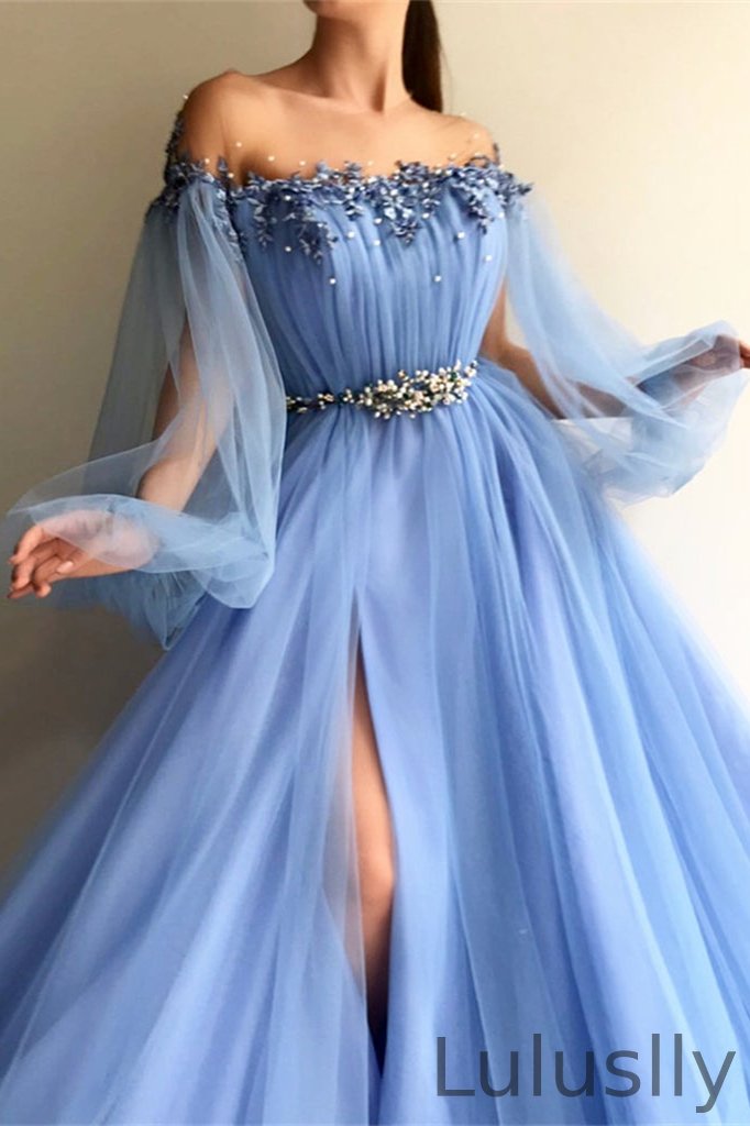Luluslly Off-the-Shoulder Long Sleeves Evening Dress With Beads Split