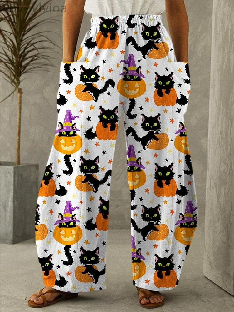 Cute Halloween Pumpkin Black Cat Print Casual Pants