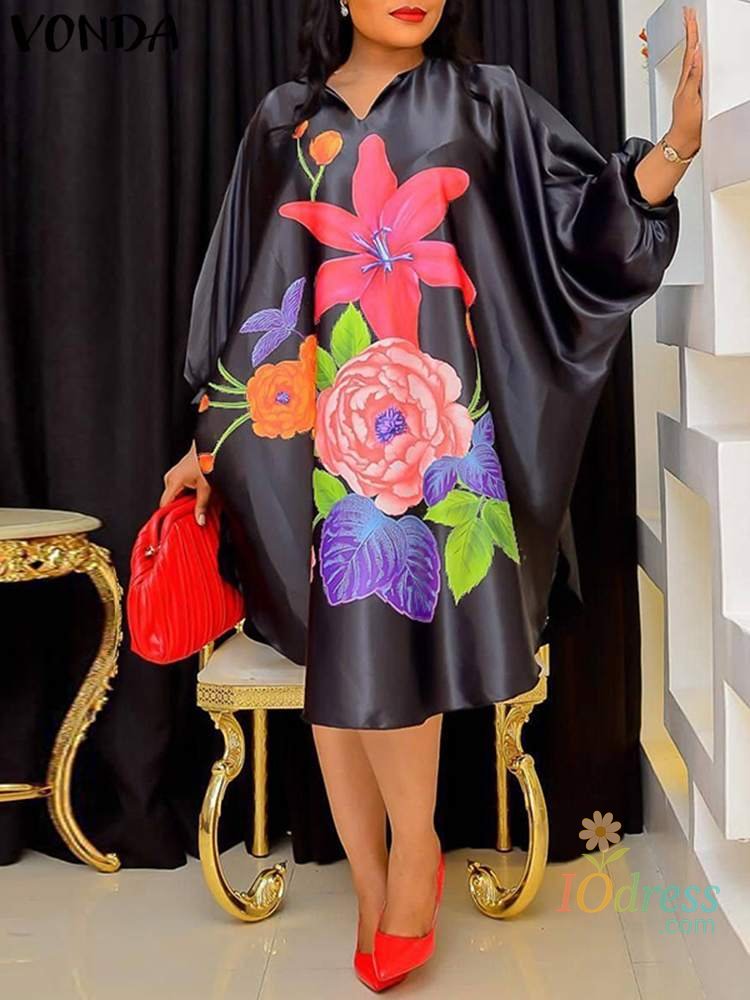 IO Dress Plus Size 5XL VONDA Women Bohemian Sundress 2025 Autumn Floral Printed Elegant Midi Dress 3/4 Bat Sleeve Casual Loose Retro Robe IO Dress