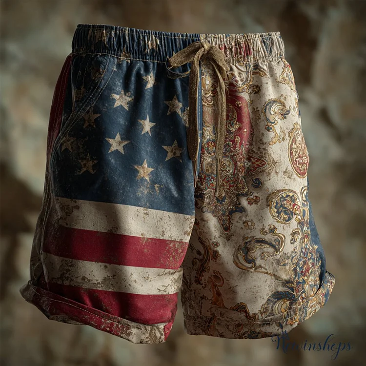 Independence Day Bohemian Printed Elastic Vintage Shorts