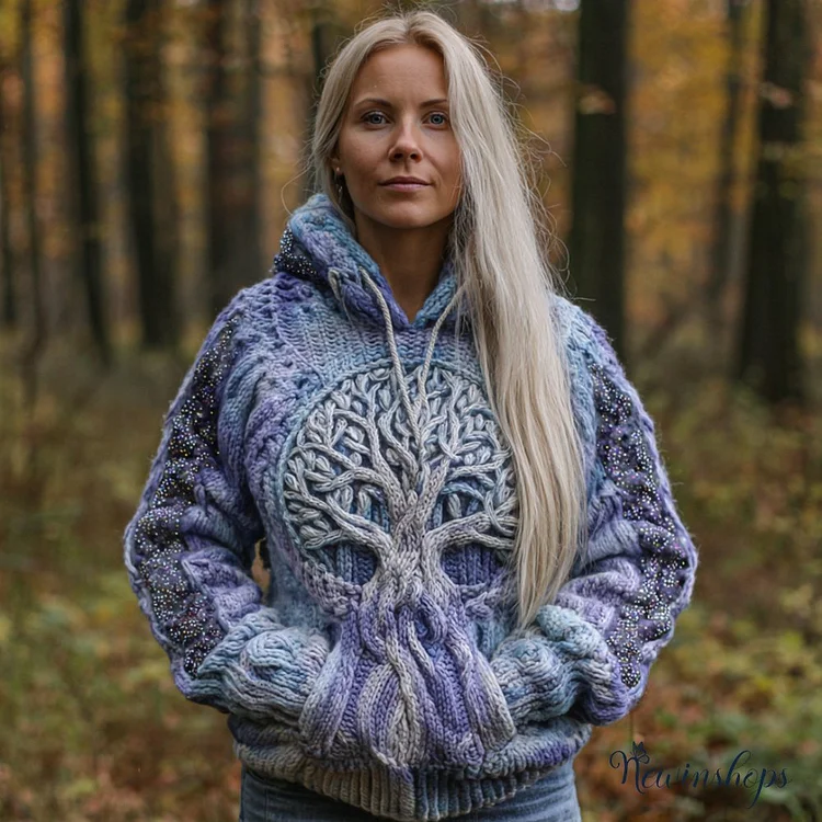 Women's Viking Tree Of Life Blue Purple Tie Dye Hooded Sweater
