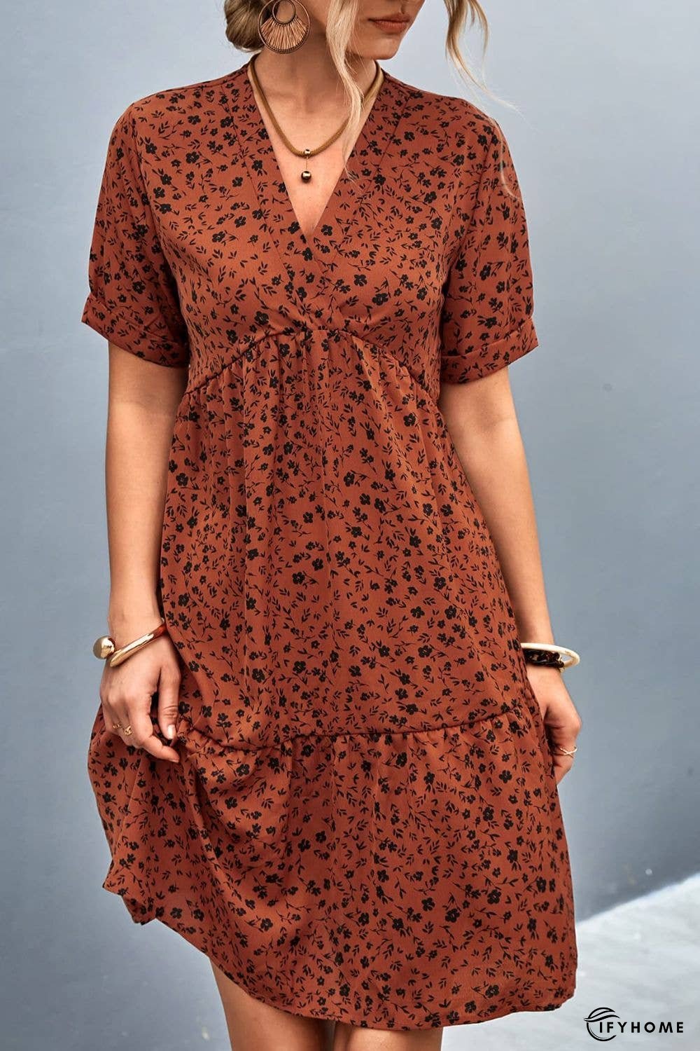 Ditsy Floral Empire Waist Plunge Short Sleeve Dress | IFYHOME