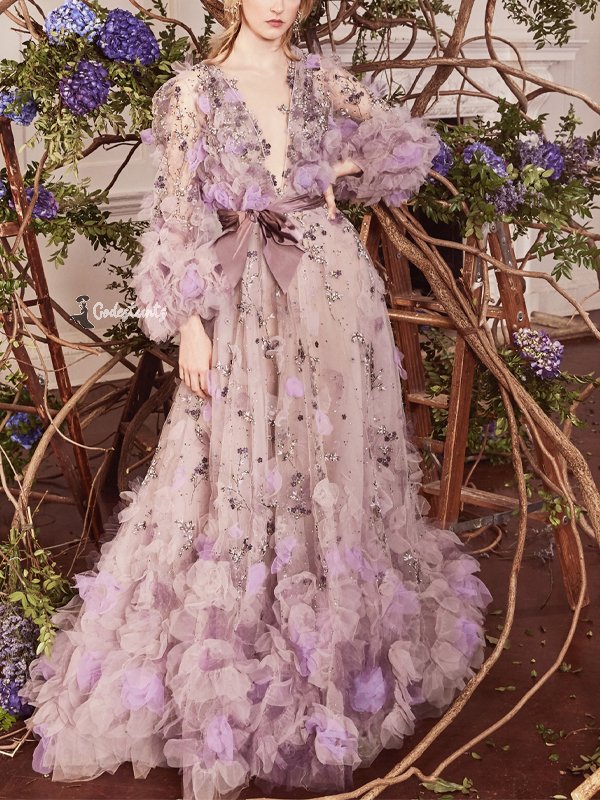 V-Neck Three-Dimensional Flower Mesh Maxi Dress