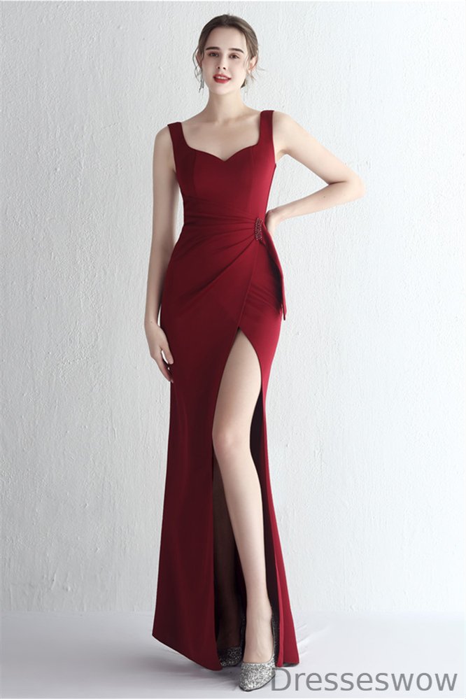 Dresseswow Straps Sleeveless Evening Gowns Mermaid Long With Slit